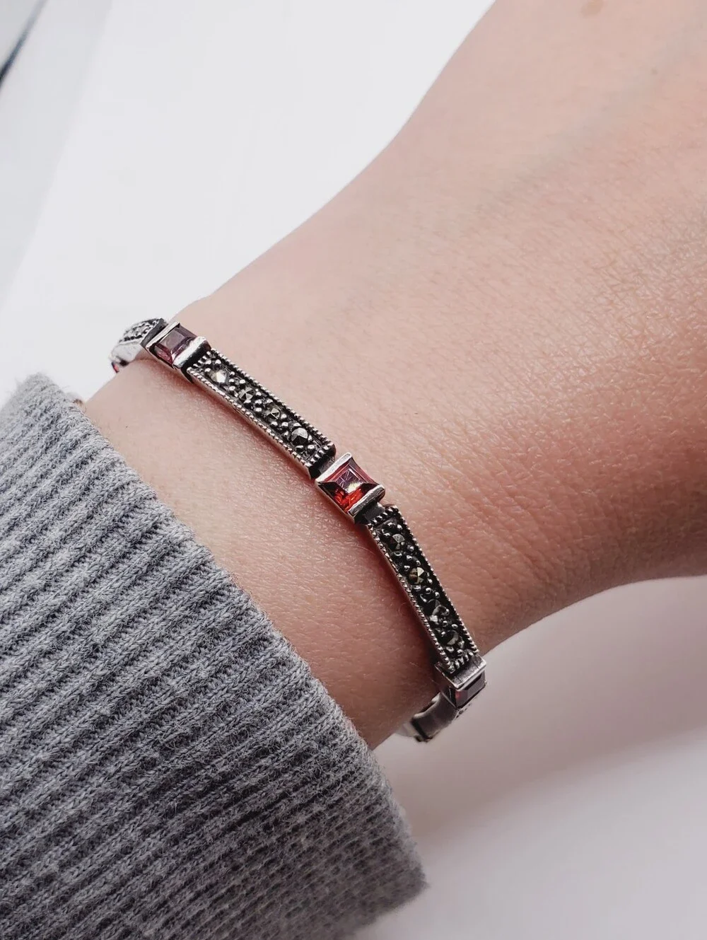 Sterling Silver Marcasite Bangle with Garnet Accents 2.75 Carat